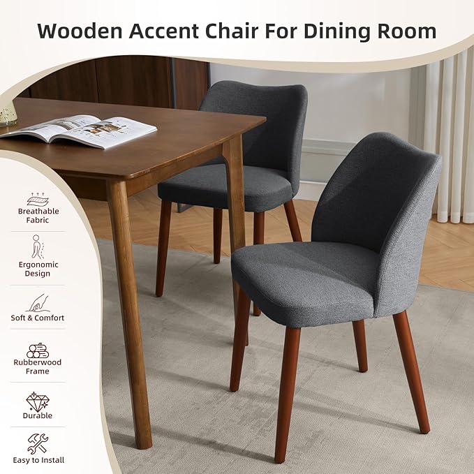 Dining Chair Set of 2, Linen Upholstered Dining Chair with Wood Legs, Wing Ba...