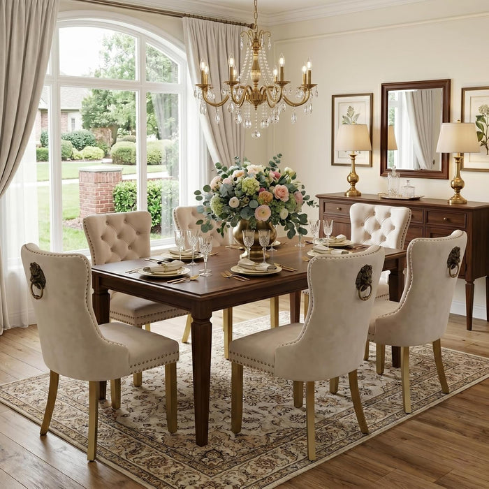 Mid Century Modern Dining Chairs Set of 6, Upholstered Dining Room Chairs with Golden Wooden Legs, Lion Head Pull Ring, Velvet Kitchen Chairs for Dining Room (Beige, Set of 6)