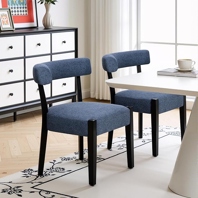 Modern Dining Chairs Set of 2, Upholstered Kitchen & Dining Room Chairs, Mid Century Modern Wooden Dining Chairs Oversized Sturdy Fabric Rounded Chairs Curved Back, Blue