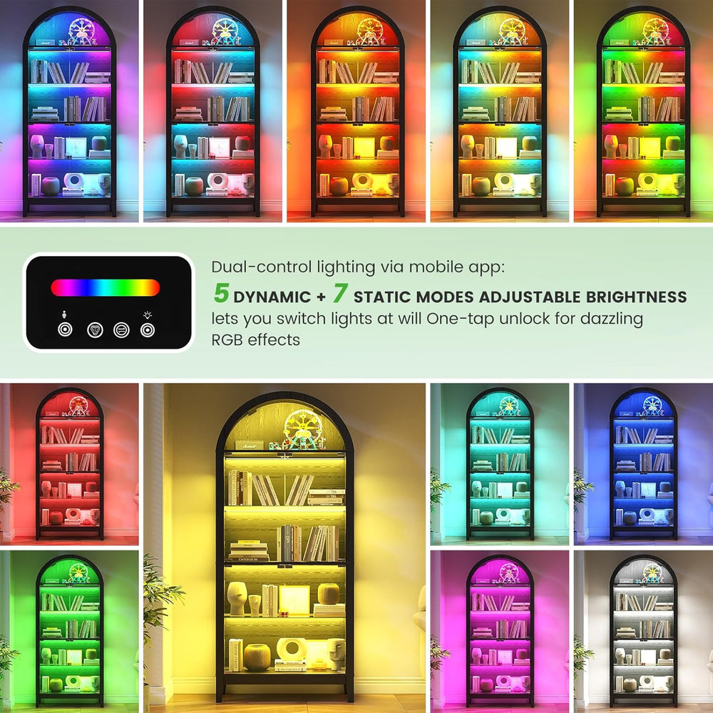 HNEBC Arched Display Case with RGB Lights, 69" Tall 5-Tier Tempered Glas...