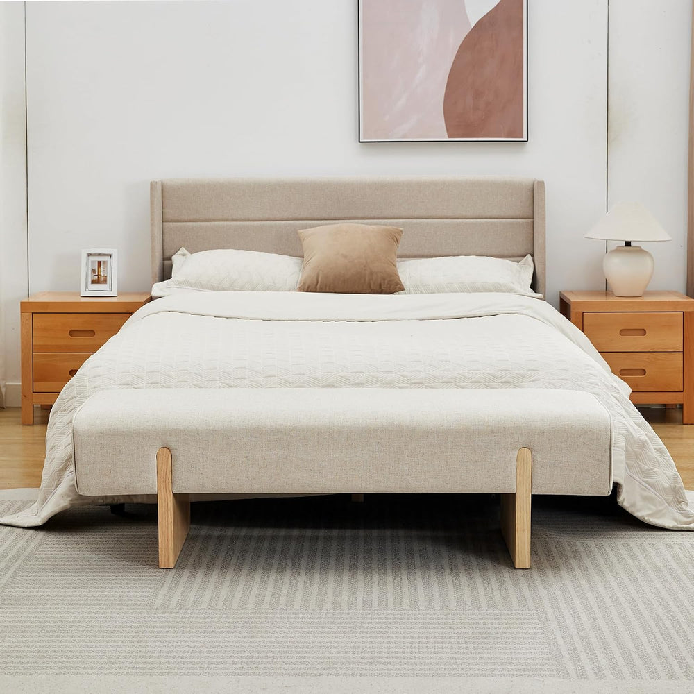 55’’ Upholstered End of Bed Bench, Linen Entryway Bench with Solid Wood Legs,...