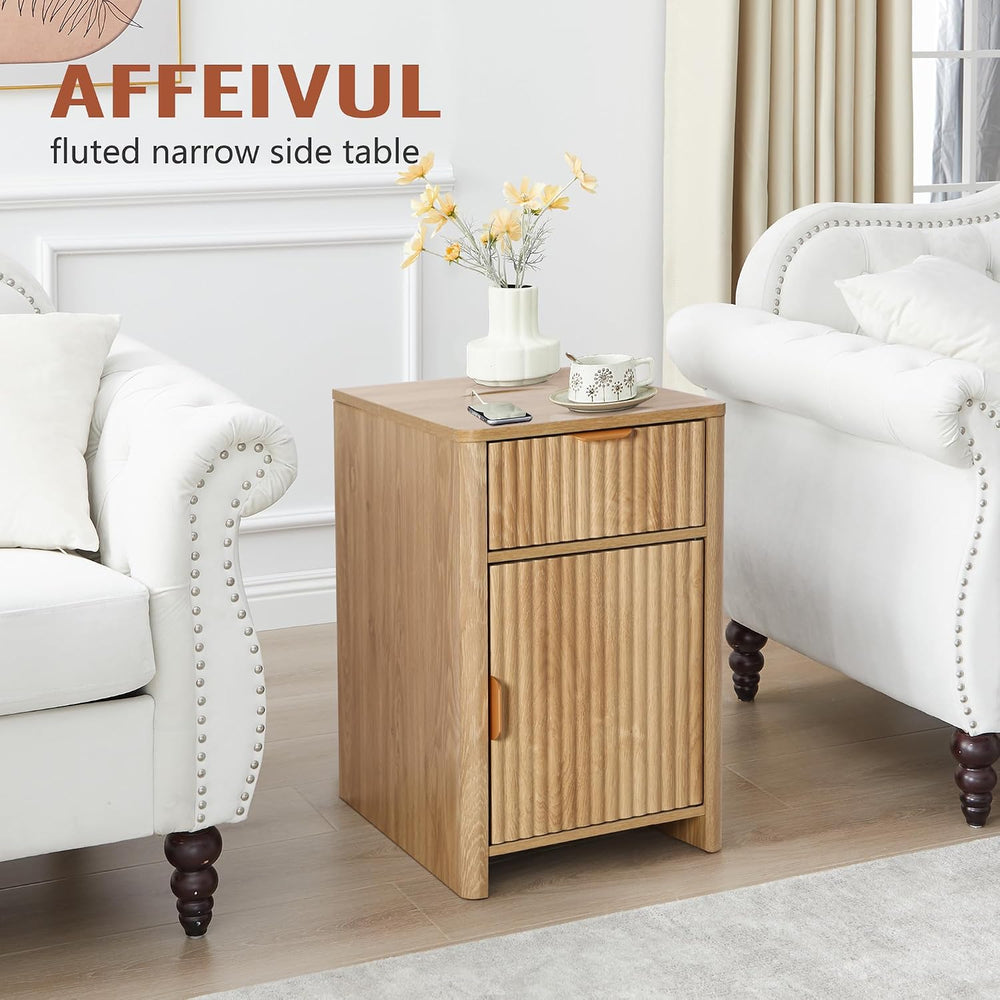 Fluted Narrow End Table with Charging Station, Boho Side Table with Drawer St...