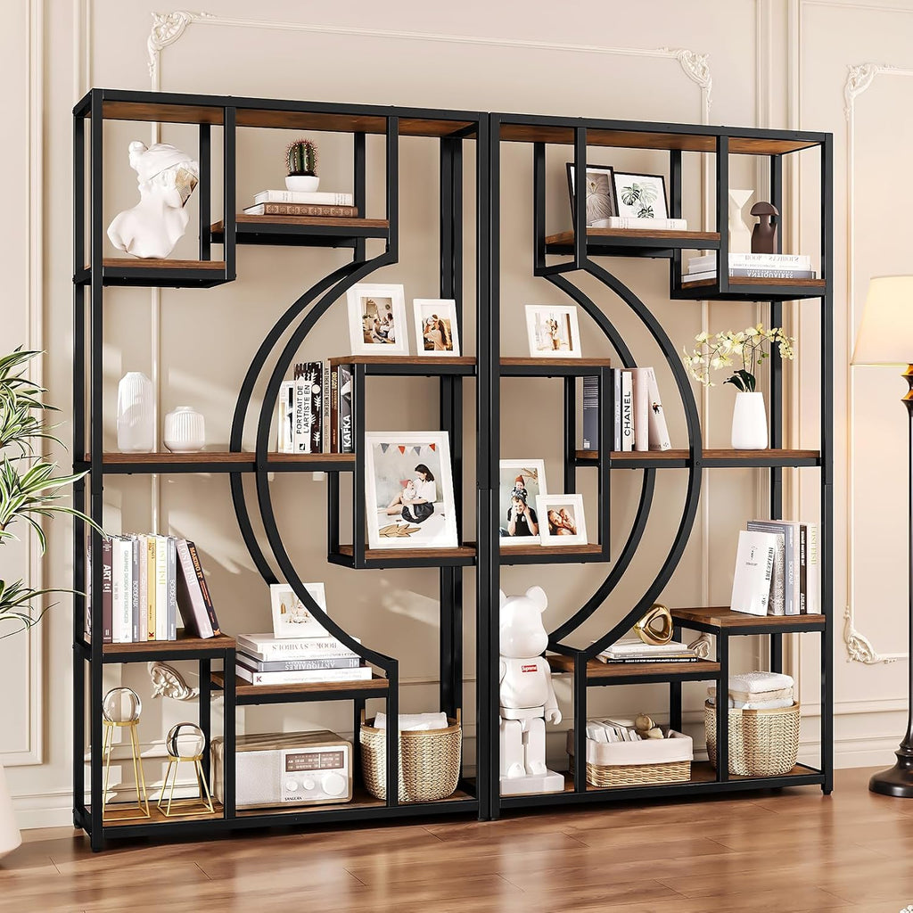 70.8" Tall Bookshelf Set of 2, 79" Wide Geometric Display Shelf with 18 Open Storage Shelves, Etagere Bookcase with Metal Frame – Anti-Tip & Adjustable Feet, Rustic Brown