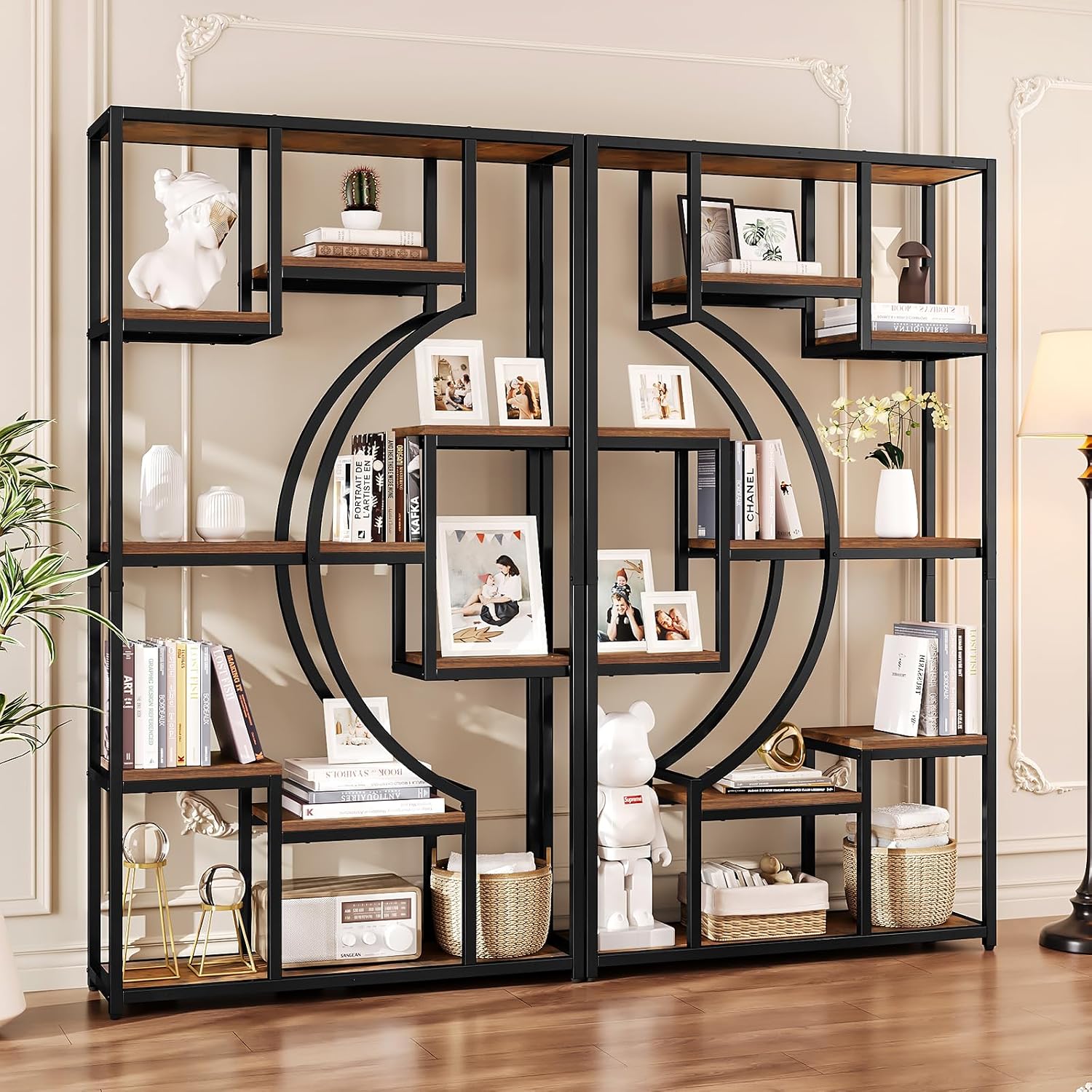 70.8" Tall Bookshelf Set of 2, 79" Wide Geometric Display Shelf with 18 Open Storage Shelves, Etagere Bookcase with Metal Frame – Anti-Tip & Adjustable Feet, Rustic Brown