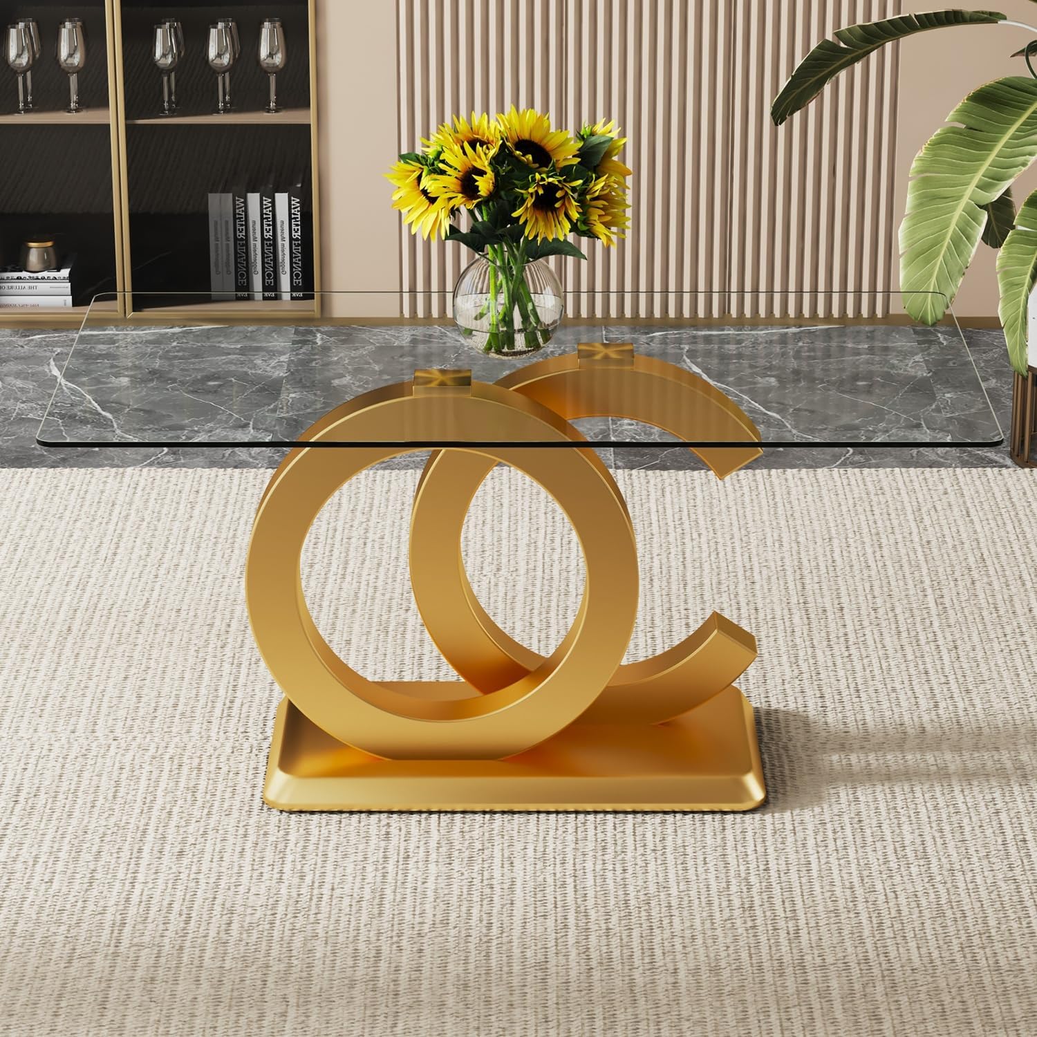 Ebullient 63'' Glass Dining Table for 6, Modern Rectangular Tempered Glass Table with Gold OC Design Base, Elegant Space-Saving Dining Room Table for Kitchen and Living Room
