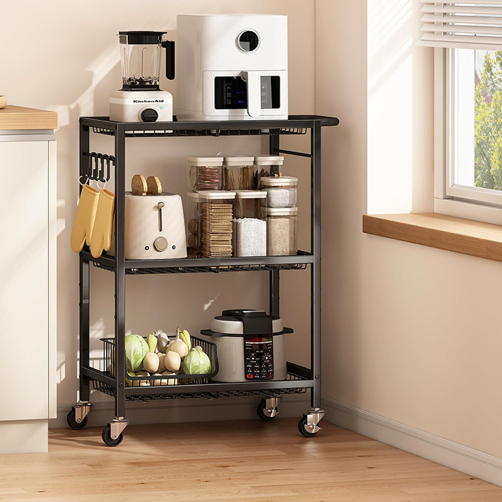 3-Tier Rolling Cart, Space-Saving Kitchen Cart with 150Lbs Capacity, Black Storage Cart with 2 Lockable Wheels for Kitchen Island, Restaurant, Garage, Backyard（No Wooden Boards, Lightweight Version）