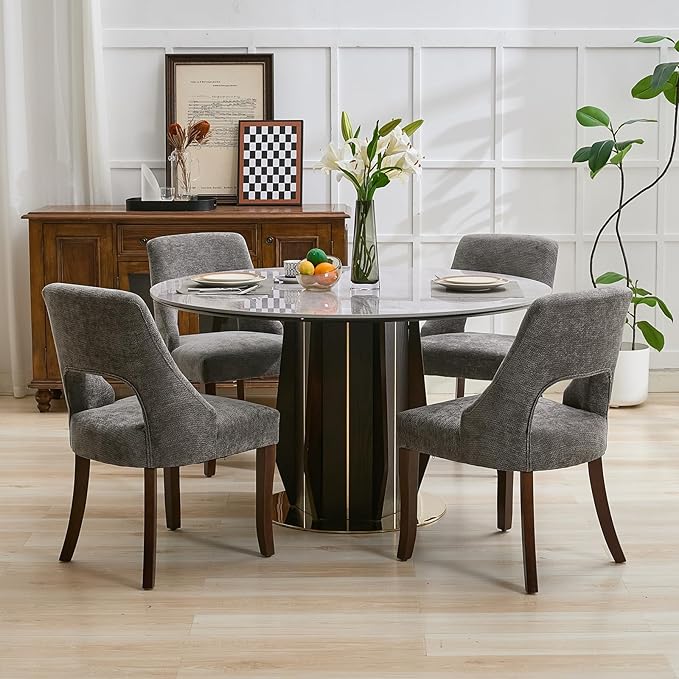 UVV Wooden Dining Chairs Set of 4, Mid Century Modern Upholstered Dining Room Chair Kitchen Chairs, Chenille Dinner Chair with Solid Wood Legs for Kitchen Dining Room, Dark Grey