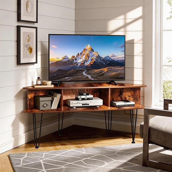 Corner TV Stand for 50 Inch TV, Entertainment Center with Storage Cabinet, Industrial Media Console Table with High Metal Feet and Anti-Slip Pads, Corner TV Stand for Living Room, Brown