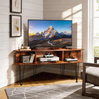 Corner TV Stand for 50 Inch TV, Entertainment Center with Storage Cabinet, Industrial Media Console Table with High Metal Feet and Anti-Slip Pads, Corner TV Stand for Living Room, Brown