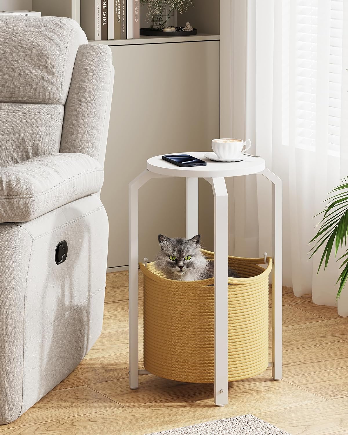 TUTOTAK Round End Table with Woven Storage Basket, White and Beige Small Side Table for Living Room, Bedroom, TB01BWN092