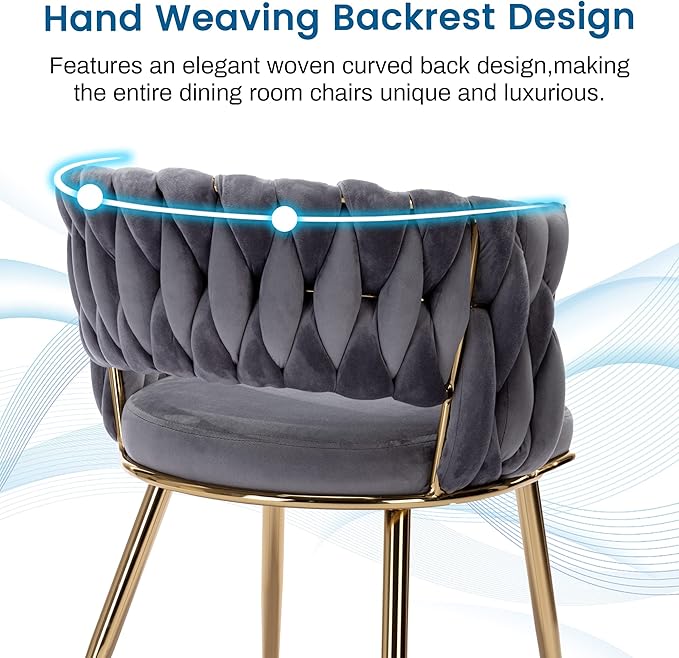 KCC Velvet Dining Chairs Set of 4, Gold Modern Dining Chair with Metal Legs, Woven Upholstered Dining Chairs for Dining Room, Kitchen, Vanity, Living Room (Gray)