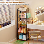 5-Tier Purse Organizer for Closet, Tall Purse Rack Stand for Purse Storage, Metal & Wood Handbag Organizer with 4 Side Hooks and 2 Baskets, Space-Saving Narrow Purse Shelf for Small Space, Bedroom