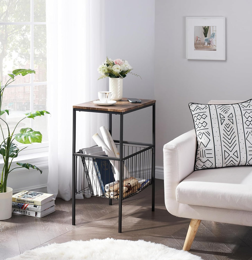 VECELO Tall End Table with Metal Basket,Nightstand with Shelf Storage Organiz...
