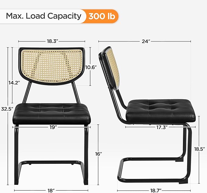 Yaheetech Rattan Dining Chairs Set of 6 Mid Century Modern Dining Room Chairs with Chrome Legs and Rattan Back for Home Kitchen, Faux Leather, Black