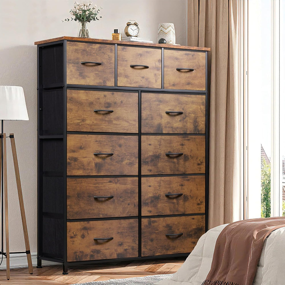 Tall Console Table with 11 Fabric Drawers, Rustic Brown | 11 Fabric Drawers, ...