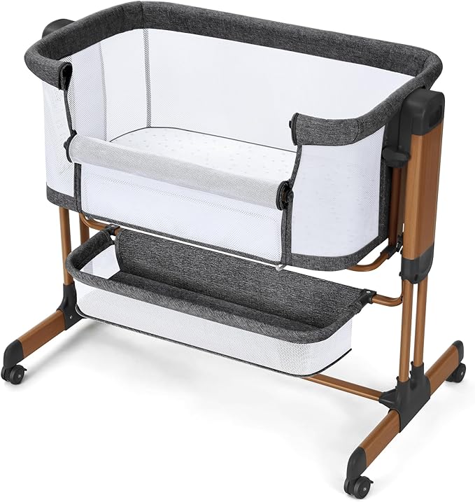 Ezebaby 3-in-1 Baby Bassinet, Rocking Baby Bassinets Bedside Sleeper, Adjustable Portable Crib for Newborn Infant with Wheels Storage Basket and Mesh Sides