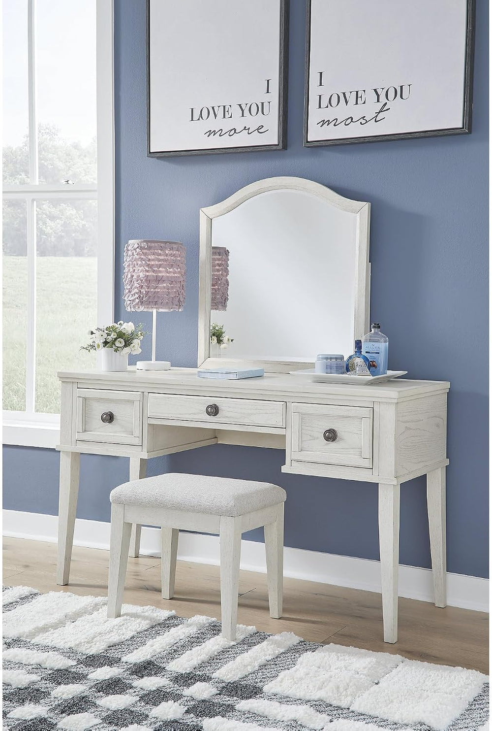 Signature Design by Ashley White Vanity Desk with Mirror and Bench | Makeup v...