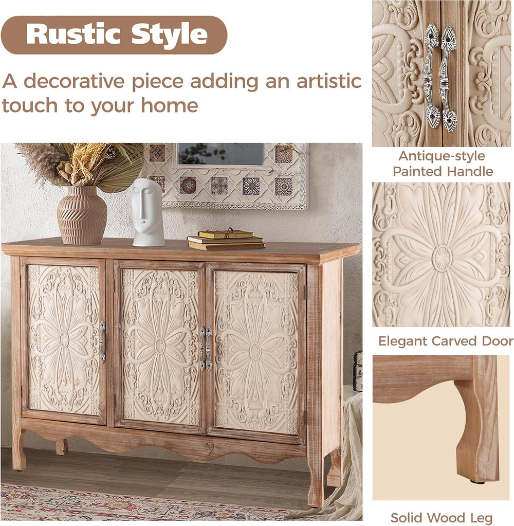 Accent Rustic Storage Cabinet With 3 Carved Doors, Vintage Sideboard Buffet W...