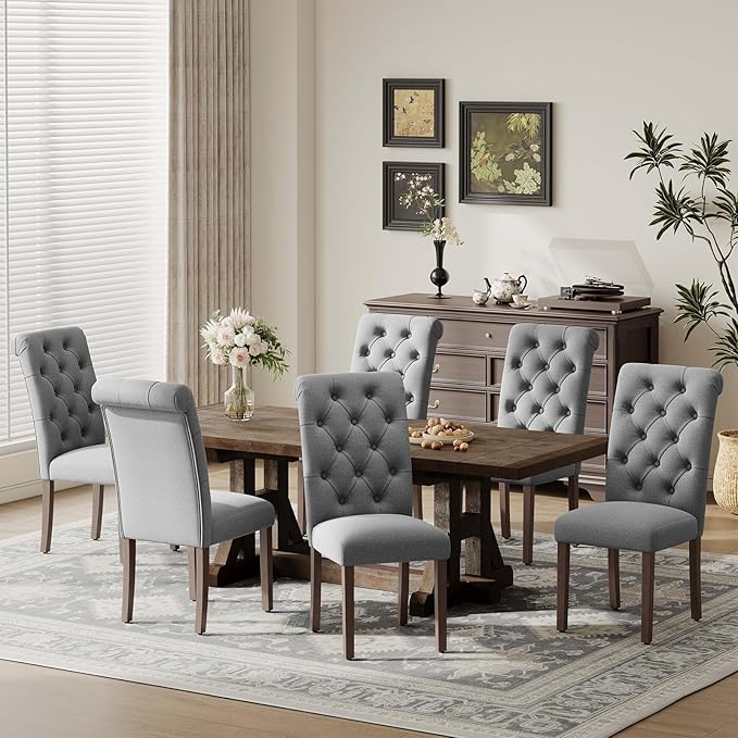 Upholstered Tufted Dining Room Chairs Set of 2, Parsons Kitchen Chairs with Padded Seat and Solid Wood Legs, Fabric Accent Side Diner Chair for Dining Room/Kitchen/Living Room, Grey
