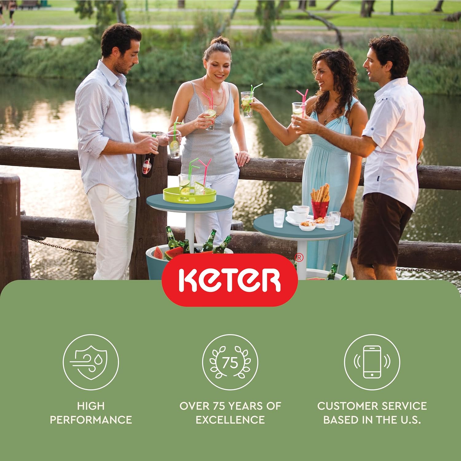 Keter Modern Cool Bar Outdoor Patio Furniture and Hot Tub Side Table with 7.5 Gallon Beer and Wine Cooler, Teal