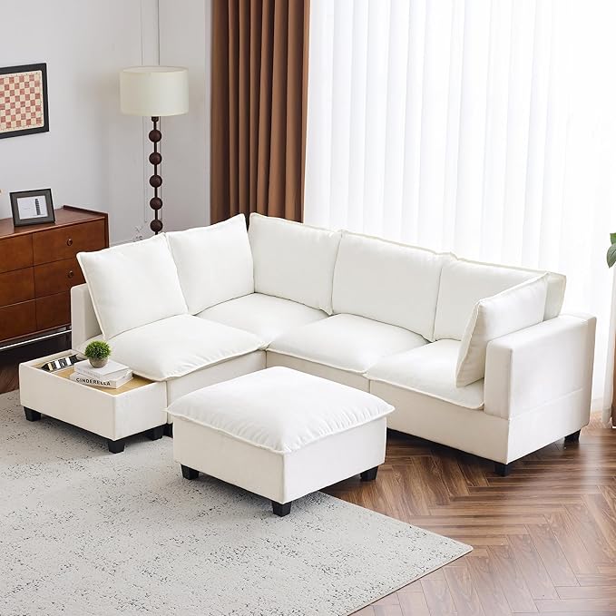 Merax Modern 90" U-Shaped Chenille Sectional Sofa Set, Modular Sofa Couch with a Movable Ottoman, a Coffee Table with Hidden Charging Devices for Living Room, White