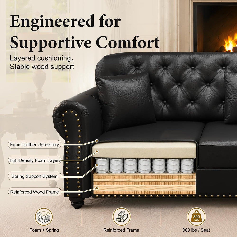 2-Piece Faux Leather Chesterfield Sofa & Loveseat Set with Ottoman, Black