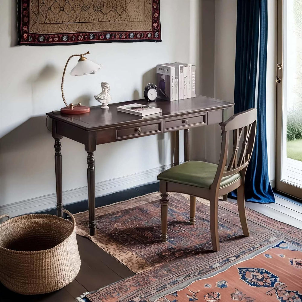 47 Inch Solid Wood Computer Writing Desk with Drawers, Walnut