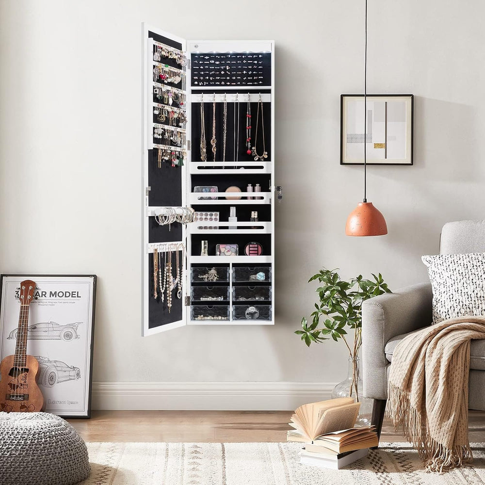 Hanging Jewellery Cabinet, Sail Cabinet with LED Lighting, Mirror and 6 Drawe...