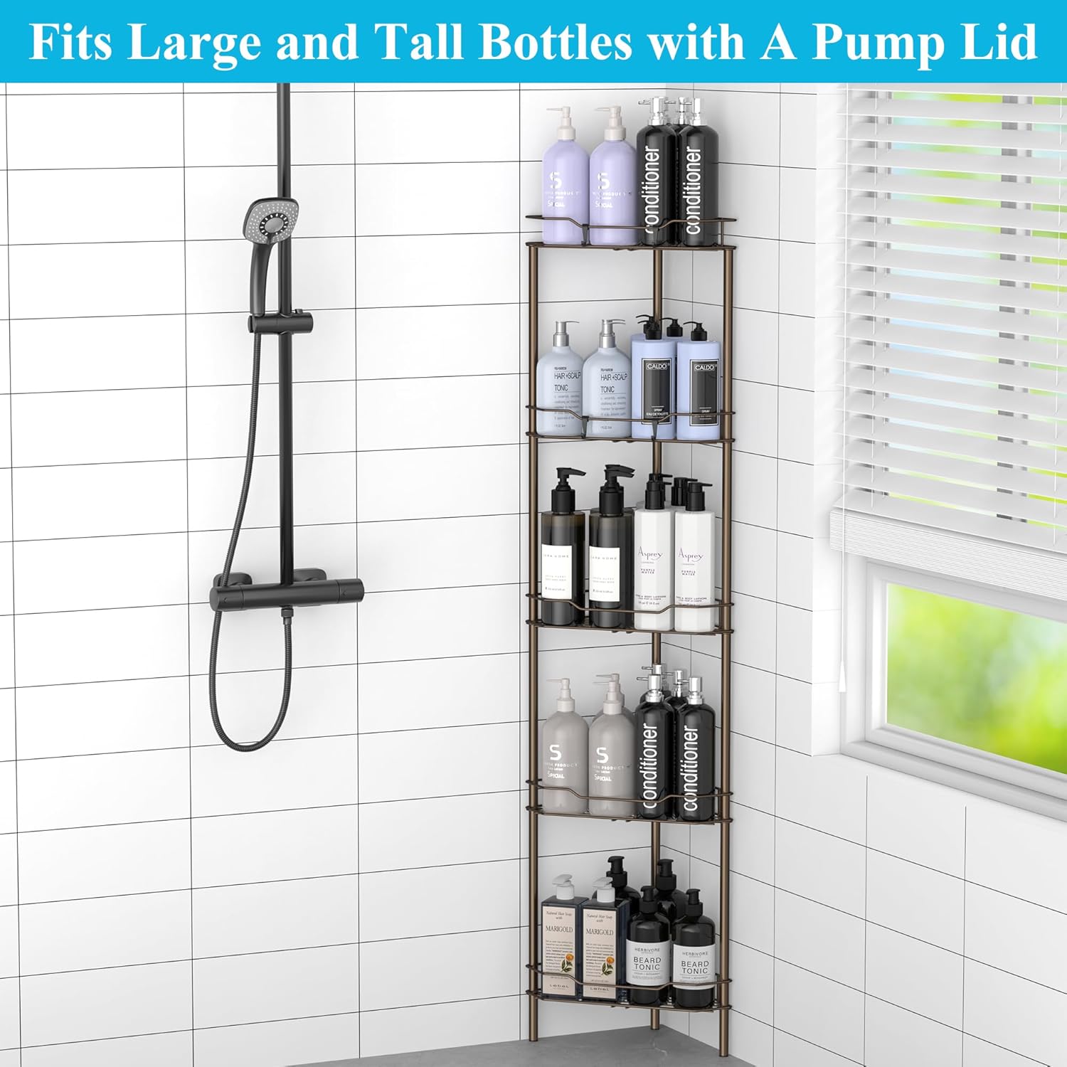5 Tier Floor Standing Corner Shower Caddy Organizer Shelf with Hooks, Bathroom Shelves Stand Rack, Bronze