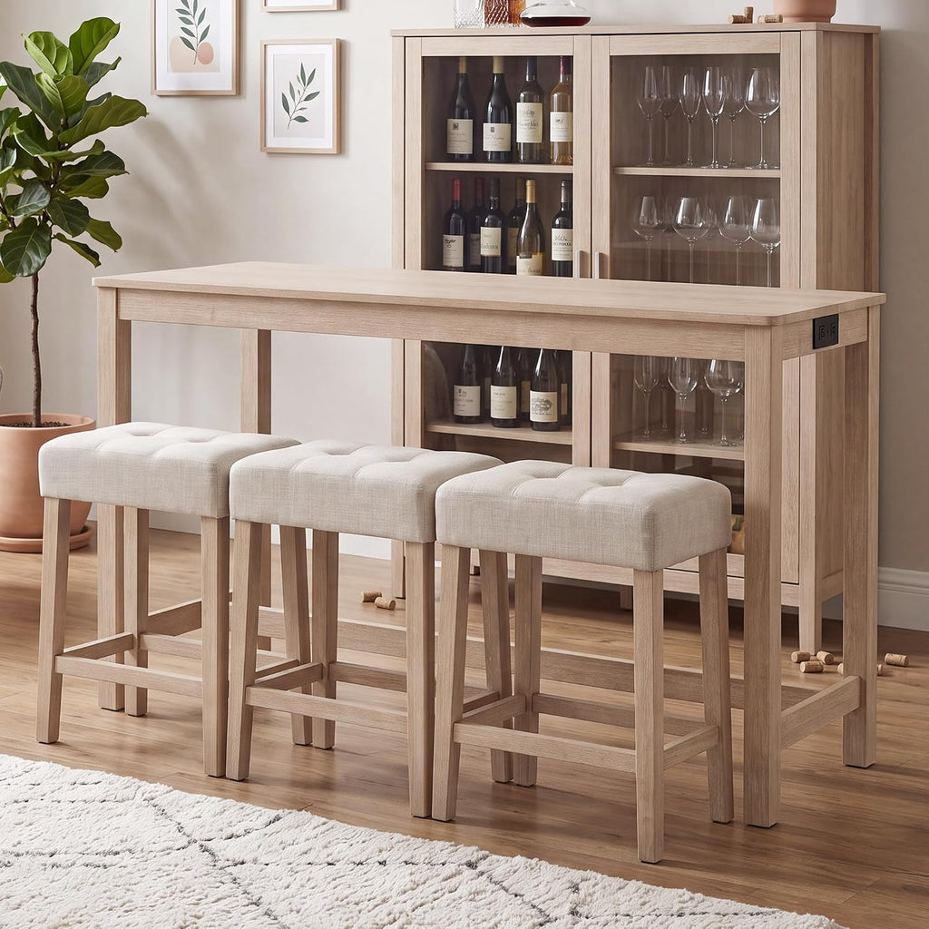 DUHOME 4 Piece Bar Table Set with Power Outlet，Dining Table Set | Industrial Breakfast Table with 3 Padded Stools Solid Wood Counter Height Bar Set for Living Room, Dining Room Natural