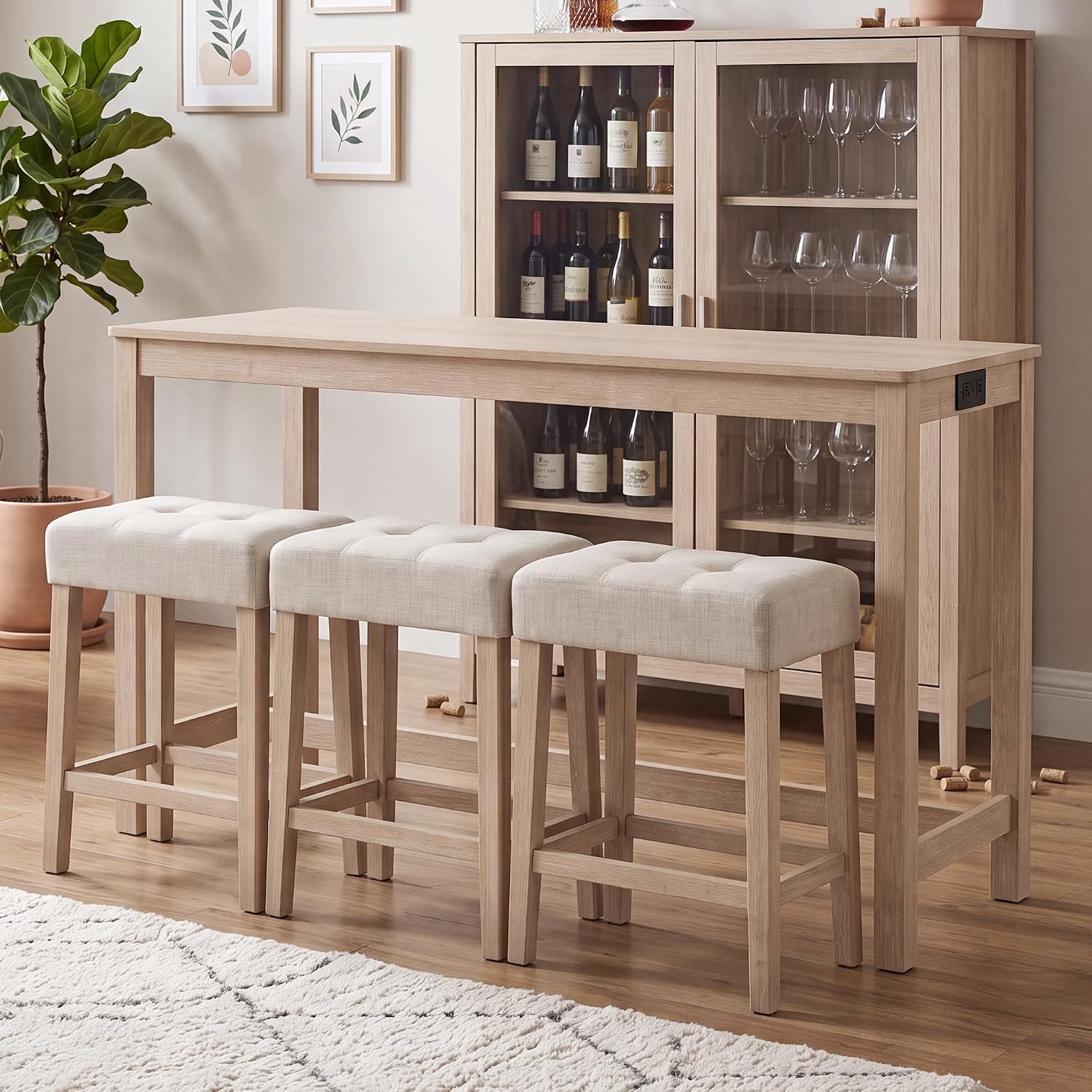DUHOME 4 Piece Bar Table Set with Power Outlet，Dining Table Set | Industrial Breakfast Table with 3 Padded Stools Solid Wood Counter Height Bar Set for Living Room, Dining Room Natural