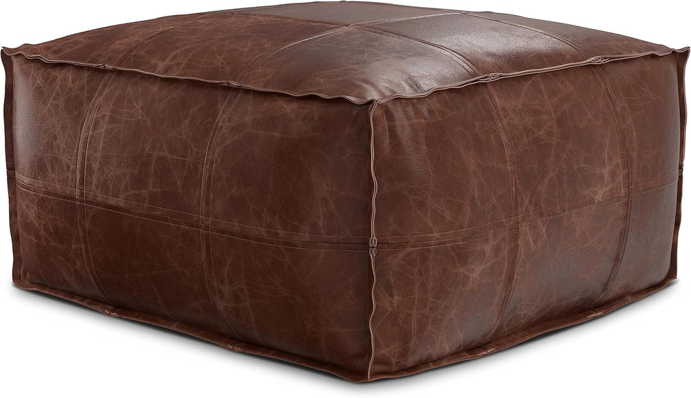 SIMPLIHOME Brody 26" Wide Genuine Leather Square Pouf in Distressed Brow...