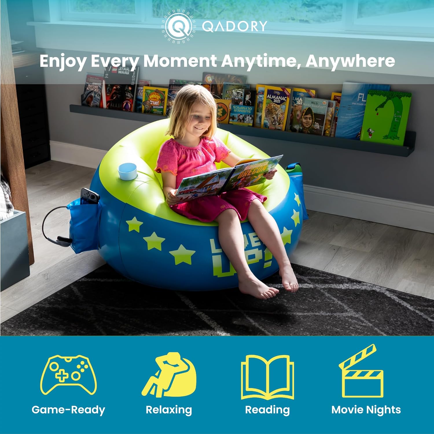 Inflatable Gaming Chair for Kids – Supports Up to 300 lbs, Includes Air Pump, Cup Holder, 2 Pockets – Durable Bean Bag Seat, Comfy Kids Gaming Chair & Top Gamer Chairs for Kid Room