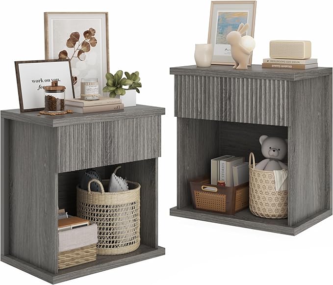 Fluted Nightstand Set of 2, 22.8" Wide Nightstands with Drawer Storage Large Wood BedsideTable Night Stands for Bedroom, Grey Oak