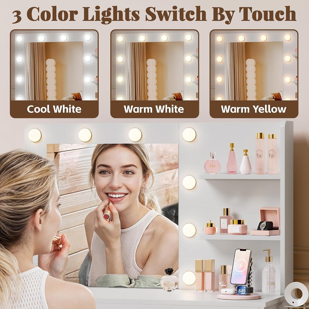 YESHOMY 35.4" Vanity Desk with Mirror & Lights, Power Outlet,Fresh W...