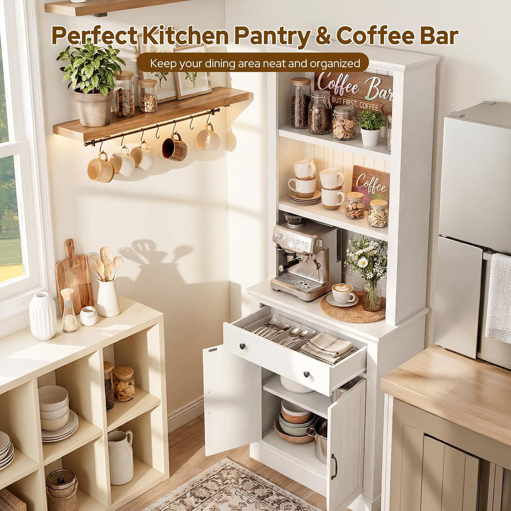 80" Tall Bookshelf Bookcase with Drawer and Doors, Rustic White