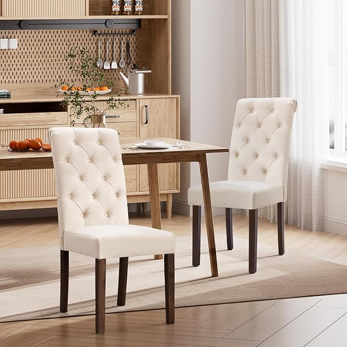Dining Chairs Set of 4, Button Tufted Parsons Upholstered Chairs with Solid Wood Legs, Mordern Fabric Kitchen Chairs for Dining Room, Beige