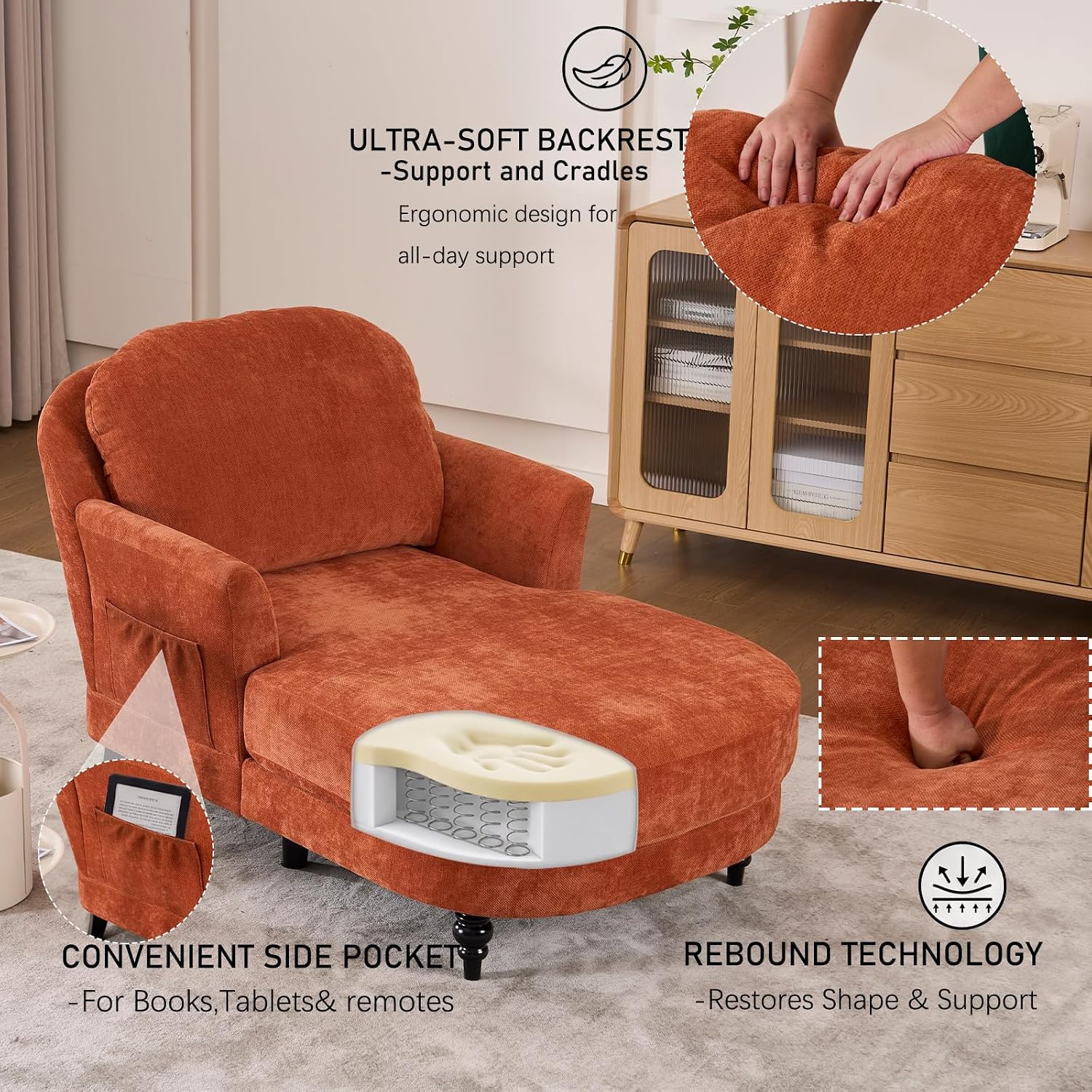 59.8" Chaise Lounge Chair Indoor, Chenille Reading Chairs | Side Pocket, Upholstered Chaise Lounge for for Bedroom, Living Room& Apartment ,Sturdy Frame, Orange