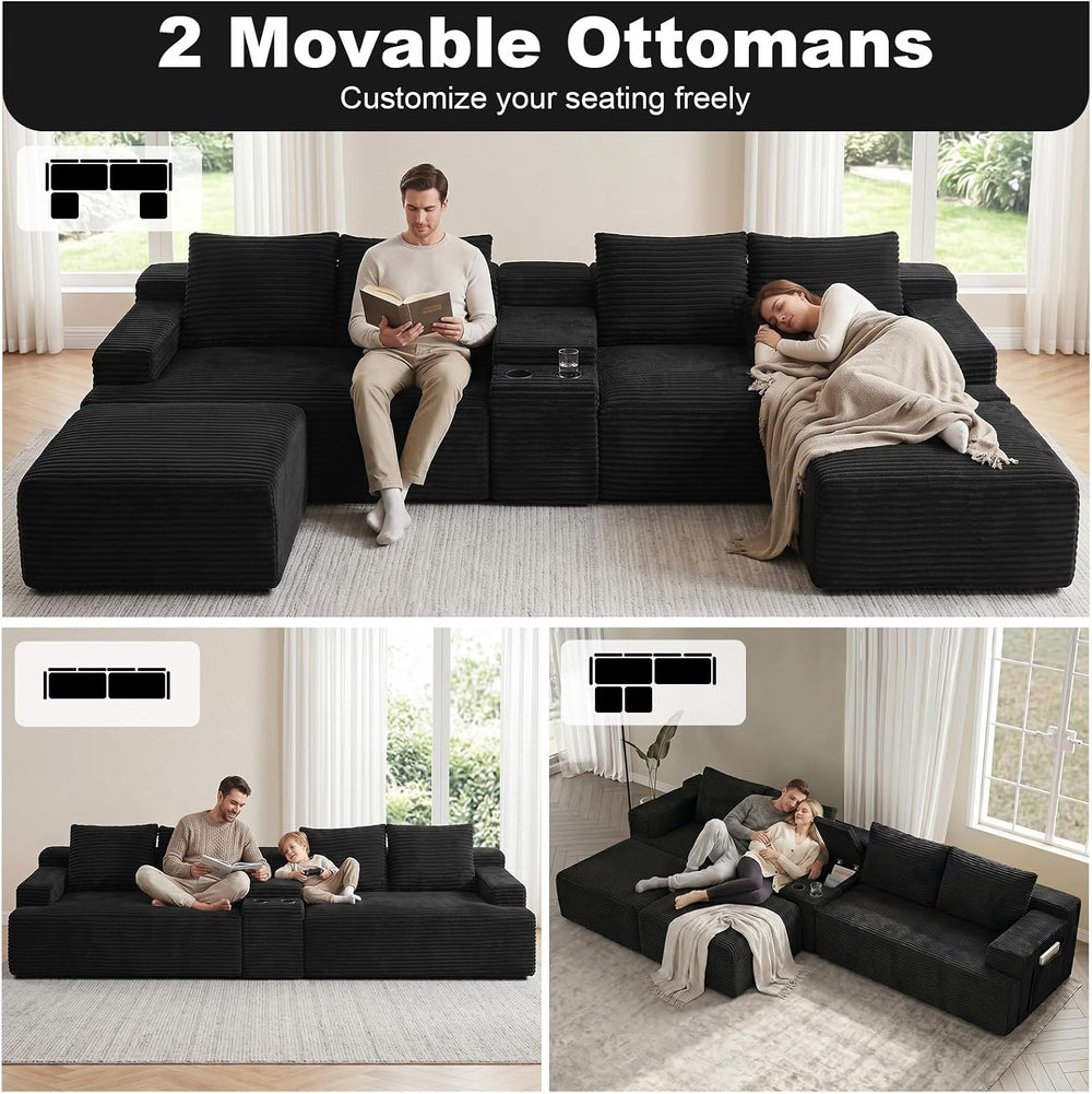 GNIXUU 140.6" Black Cloud Sectional Couches for Living Room | 2 Cup Hold...