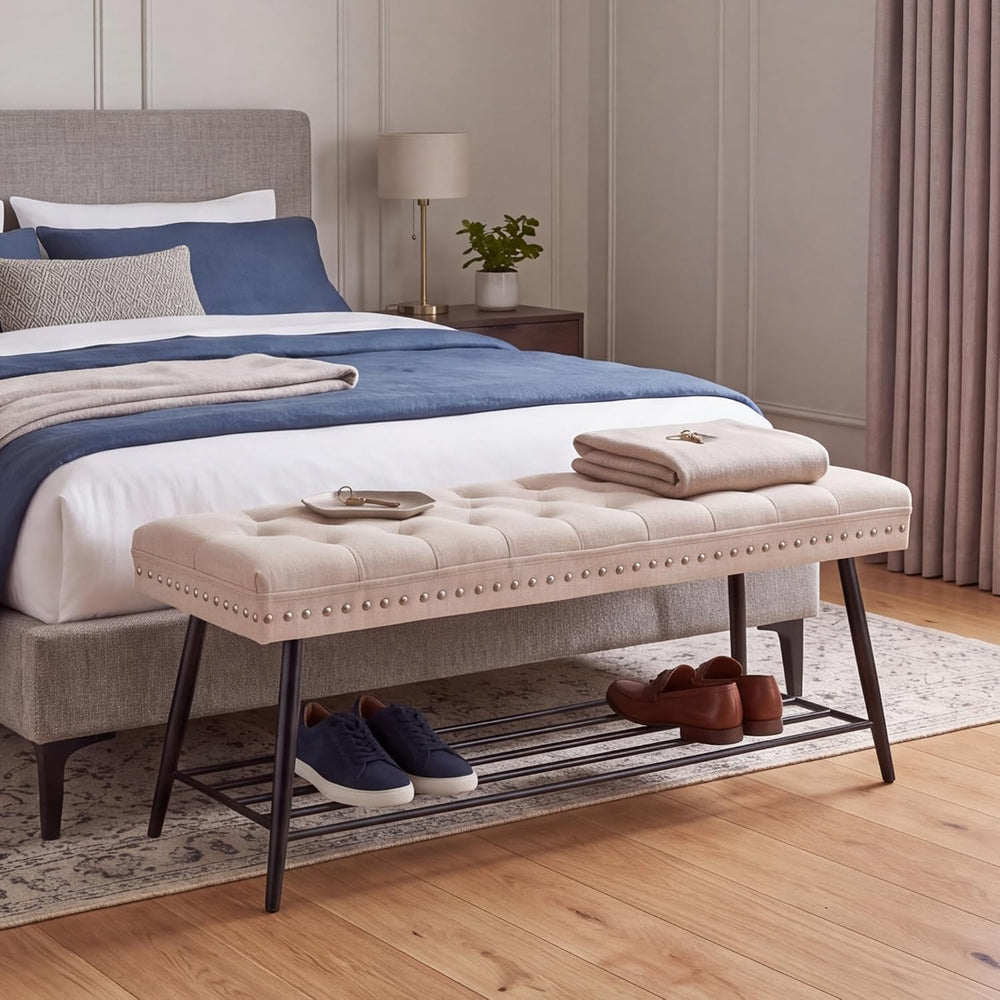 Mistpople Thick Cushioned Shoe Bench, Entryway Bench with Metal Shoe Rack, Up...