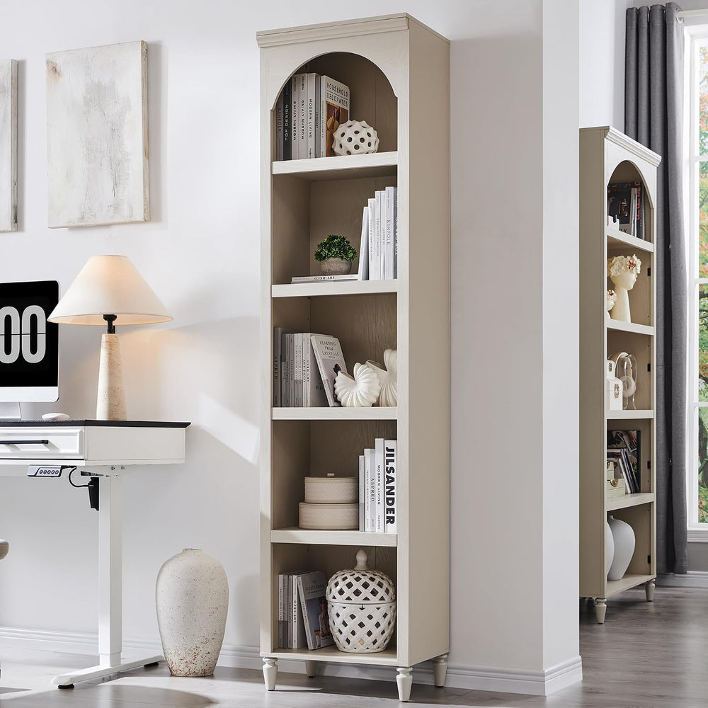 IFGET 76" Tall Arched Bookcase, Farmhouse Narrow Arch Bookshelf, Cream
