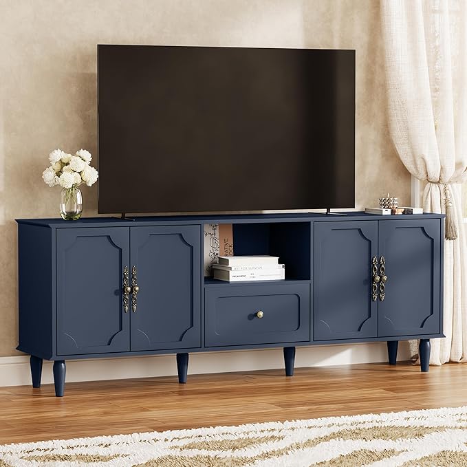 67” Mid-Century Modern TV Stand for 75+ inch TVs, Wood Entertainment Center with Storage Drawer, Long Media Console with Adjustable Shelves, Blue TV Cabinet for Living Room, Bedroom