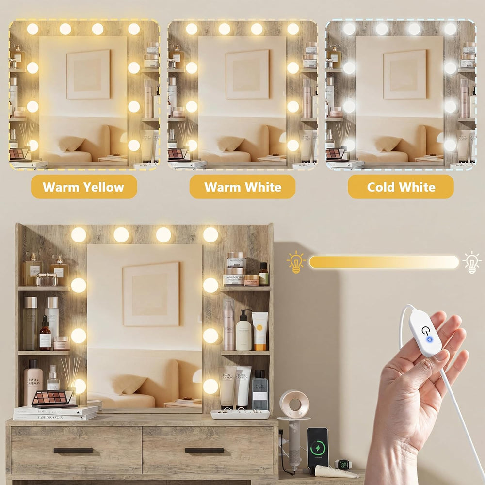Furmax Makeup Vanity Desk with Mirror and Power Outlet, Vanity with 3 Color L...