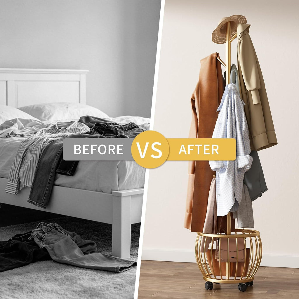 Coat Rack Freestanding Coat Stand with Basket 6 Hooks Wheels,Gold | Metal Coat Rack Stand Coat Tree for Home Entryway Bedroom Living Room Office Corner Modern Organizer for Scarf Jacket Hat Bag