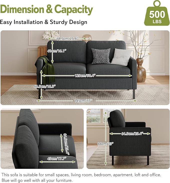 STHOUYN 56" W Fabric Loveseat Sofa with 2 USB, Small Couches for Living Room, Bedroom, Office, Easy Assembly & Comfy Cushion, Dark Grey