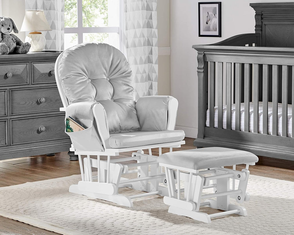 Glider and Ottoman White Wood and Gray Fabric