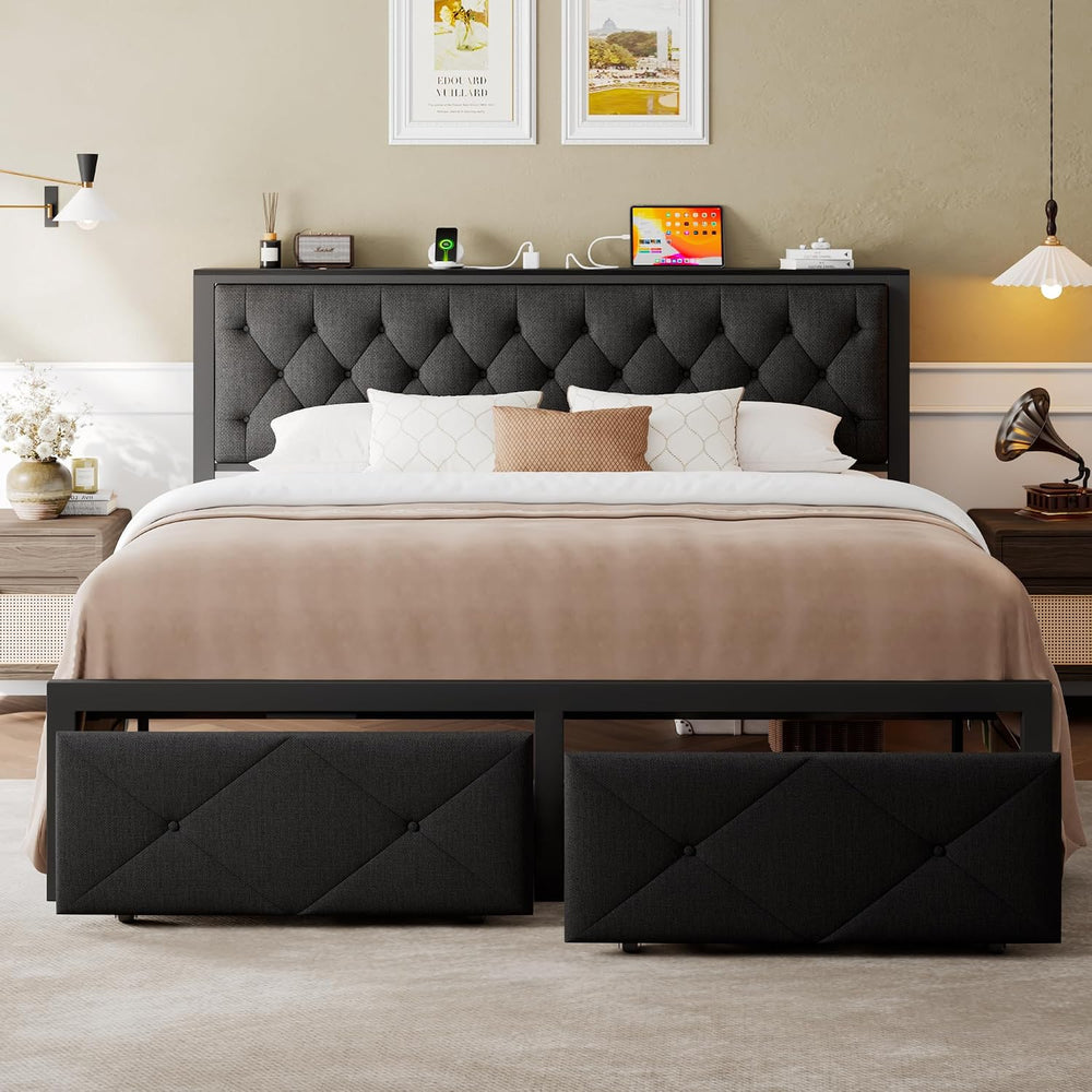 Einhomn King Size Bed Frame with 2 Storage Drawers, Metal Platform Bed with C...