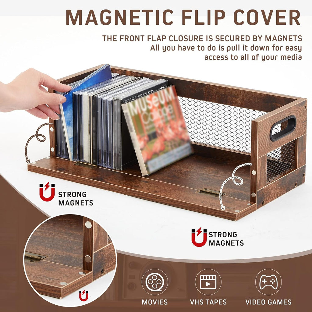 Jetec 1 Set Retro CD Storage Box - Father's Gift for Dad, Metal & Wood Holder Shelf with Handles, Cassette & DVD Organizer, Holds up to 36 CDs & Movie Cases, Vintage Display Rack