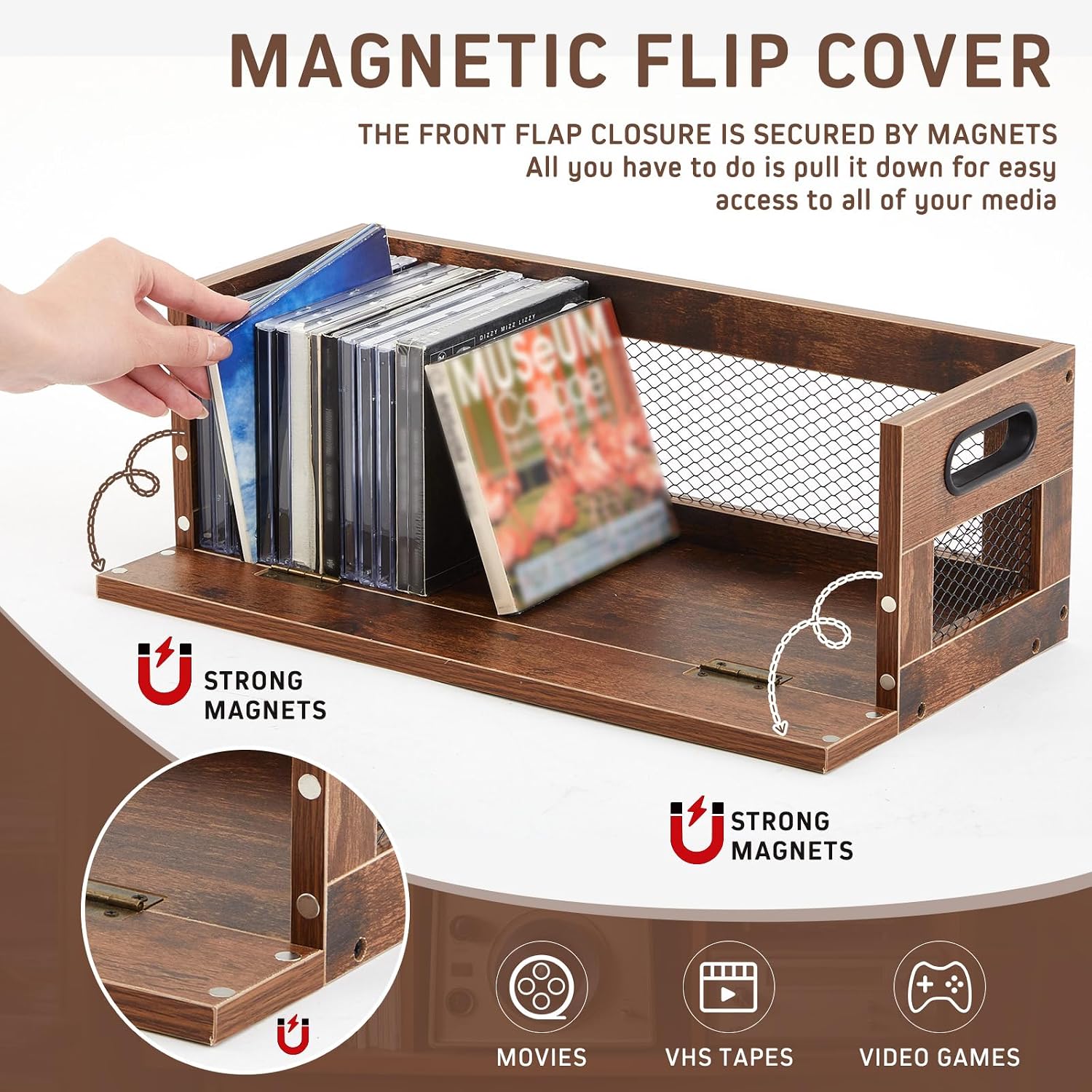 Jetec 1 Set Retro CD Storage Box - Father's Gift for Dad, Metal & Wood Holder Shelf with Handles, Cassette & DVD Organizer, Holds up to 36 CDs & Movie Cases, Vintage Display Rack