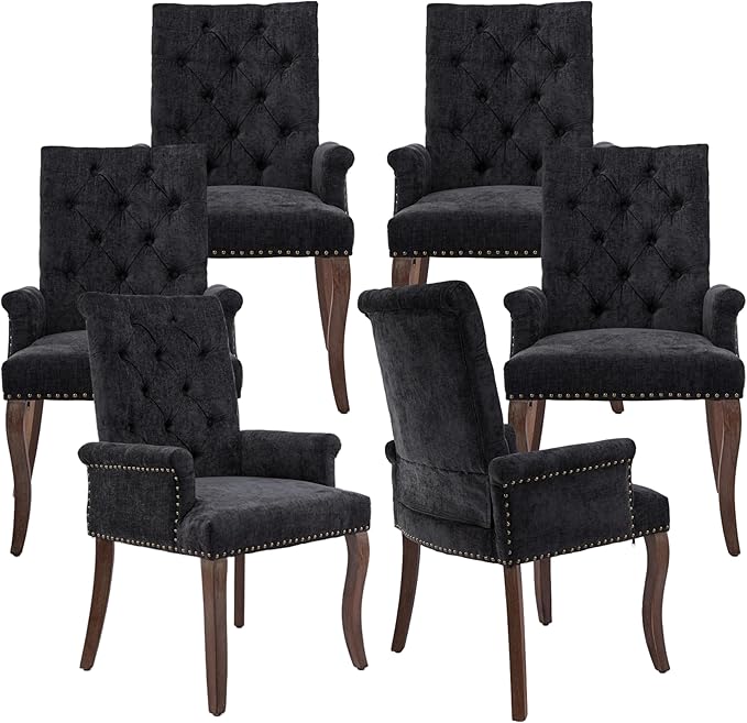 Upholstered Tufted Chenille Dining Chairs with Arms & Nailhead Trim – Solid Wood Frame & Legs, Modern Farmhouse for Dining, Kitchen & Living Room (Set of 6, Charcoal Gray)